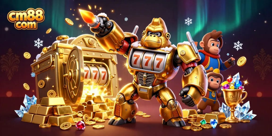 Experience thrilling gaming moments with cm88 com's golden gorilla mech and treasure vault scene!