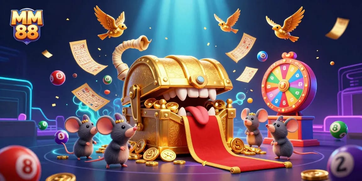 Engage with MM 88's thrilling game promotions featuring a vibrant treasure chest luring adventurer mice.