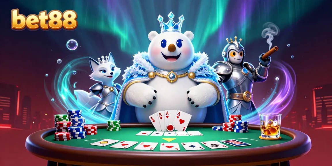 Experience thrilling poker action with bet88's vibrant casino scene featuring colorful chips and characters.
