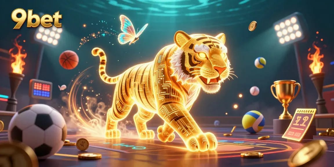Experience the thrill of 9bet with a dynamic 3D casino illustration featuring a golden tiger and sports elements.