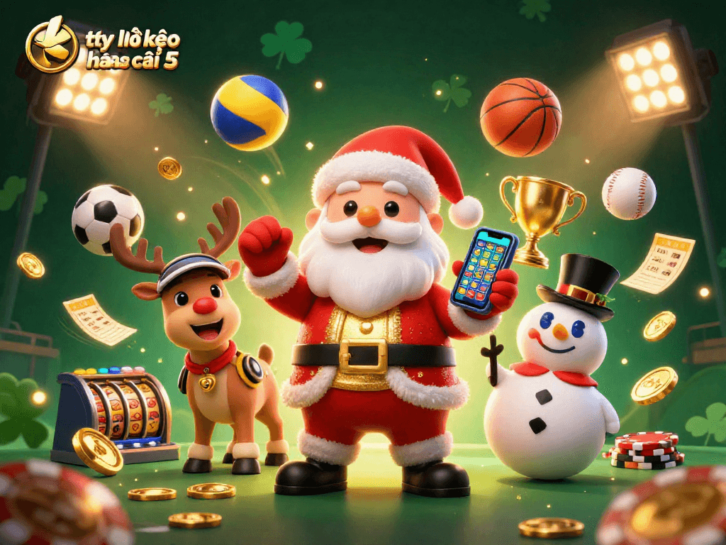 Experience fun with tỷ lệ kèo nhà cái 5 in a vibrant casino scene filled with festive characters.
