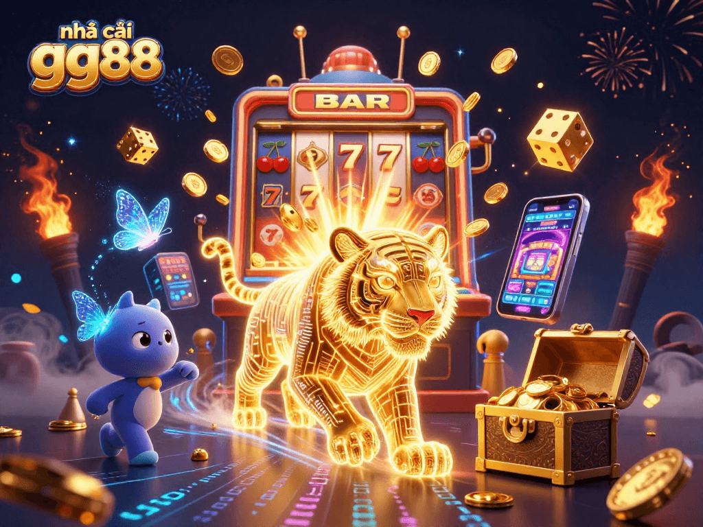 Experience thrilling gameplay at nhà cái gg88 with a golden tiger and jackpot bursts in a vibrant digital casino.