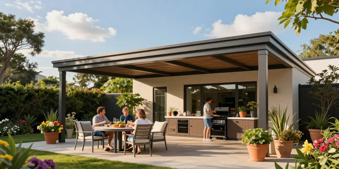 Terrassenüberdachung freistehend mit Familie beim Grillen im Garten