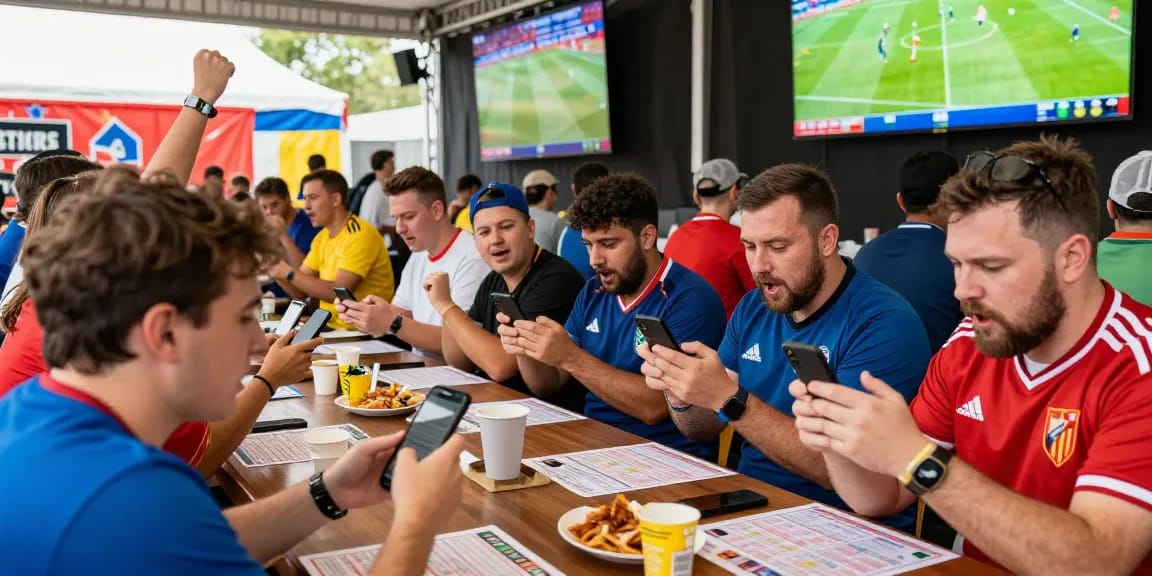 Fussballwetten-Vergleich während eines spannenden Live-Events mit Fans, die ihre Wett-Apps nutzen.