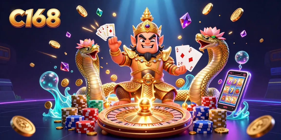 Experience thrilling gameplay at c168 with golden coins, casino games, and vibrant characters.