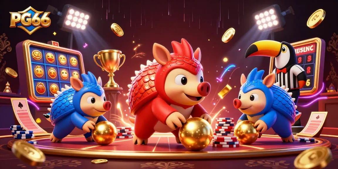 Experience excitement with PG66 as rival pangolins bowl through poker chips amidst dazzling slot game elements.