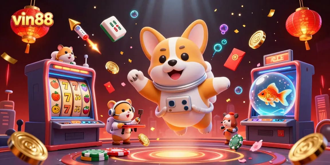 Experience vin88's lively casino atmosphere with an astronaut corgi, lucky symbols, and floating treasures.
