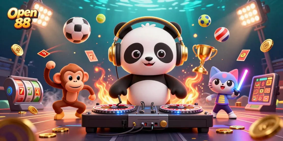 Experience vibrant winnings with Open 88 through a lively, animated casino-themed digital scene.