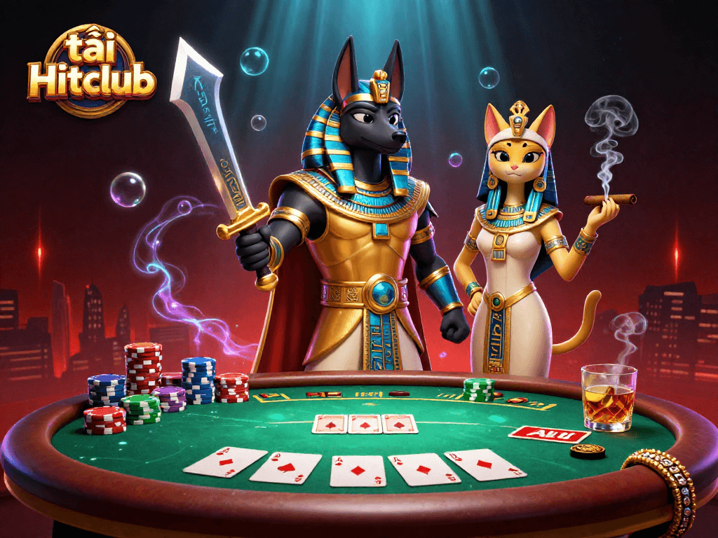 Play poker with Anubis and Bastet in this dynamic illustration featuring tải Hitclub gaming elements.