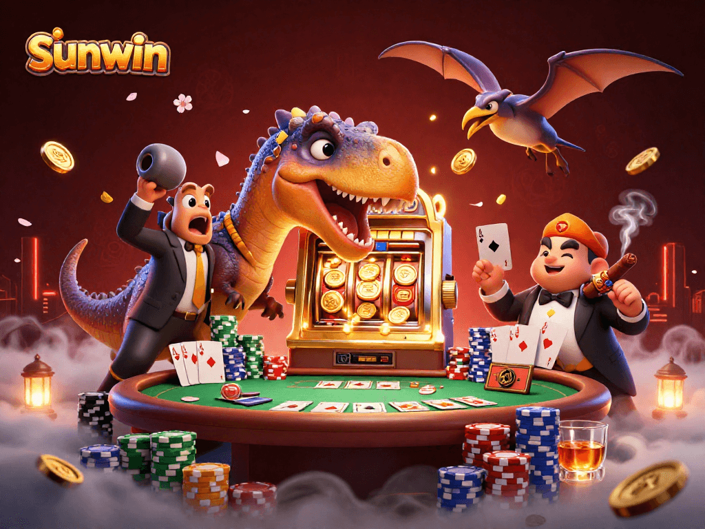 sunwin casino illustration of a dinosaur winning a jackpot at a slot machine, surrounded by poker elements