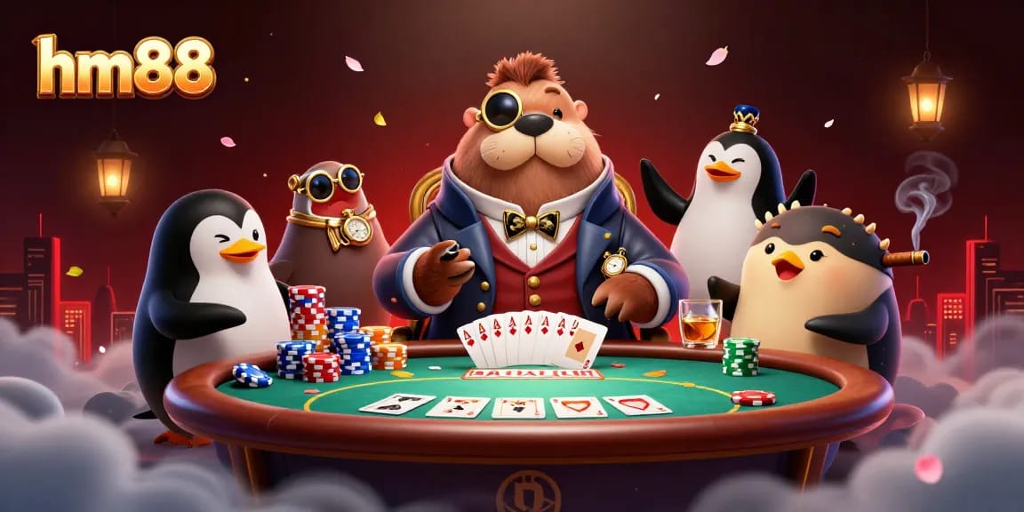 Experience thrilling poker action at hm88 with a jolly walrus and clever pufferfish iconically bluffing.