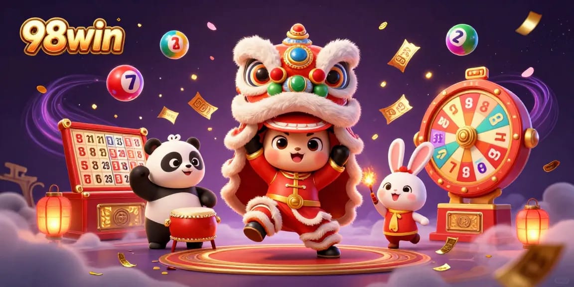 Engage with 98win's vibrant slot games featuring a lively lion dance and prizes galore.