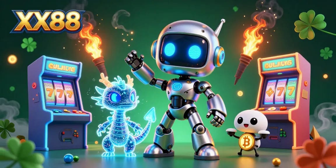Engage with the vibrant world of XX88, featuring a cyberpunk mascot and casino game elements.