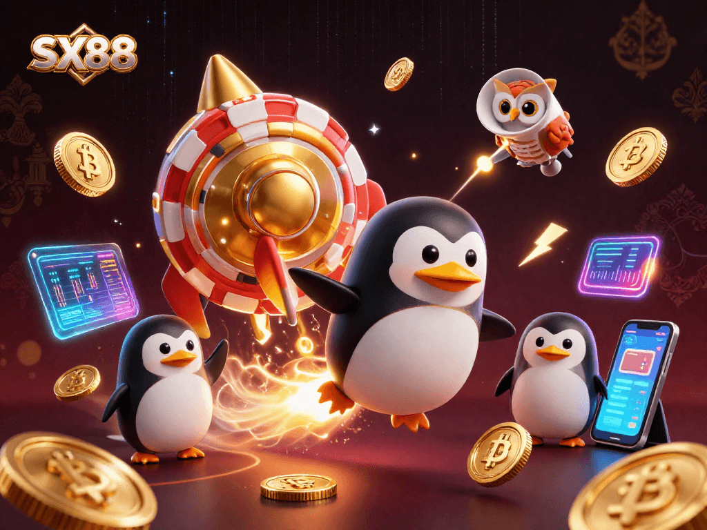 Engage with SX88's thrilling online gaming experience through a vibrant, futuristic 3D illustration.