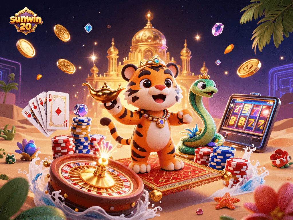Experience excitement at sunwin 20 with a vibrant 3D casino scene featuring a colorful tiger sultan and magical elements.
