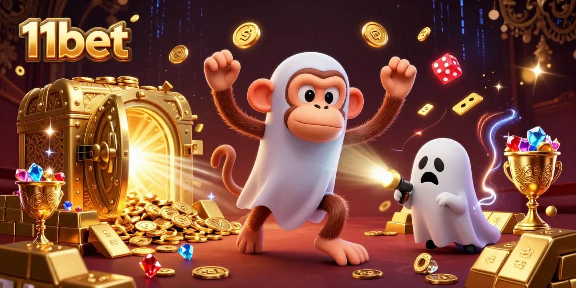 Enjoy thrilling games with 11bet as a playful monkey juggles golden treasures in a haunted casino.