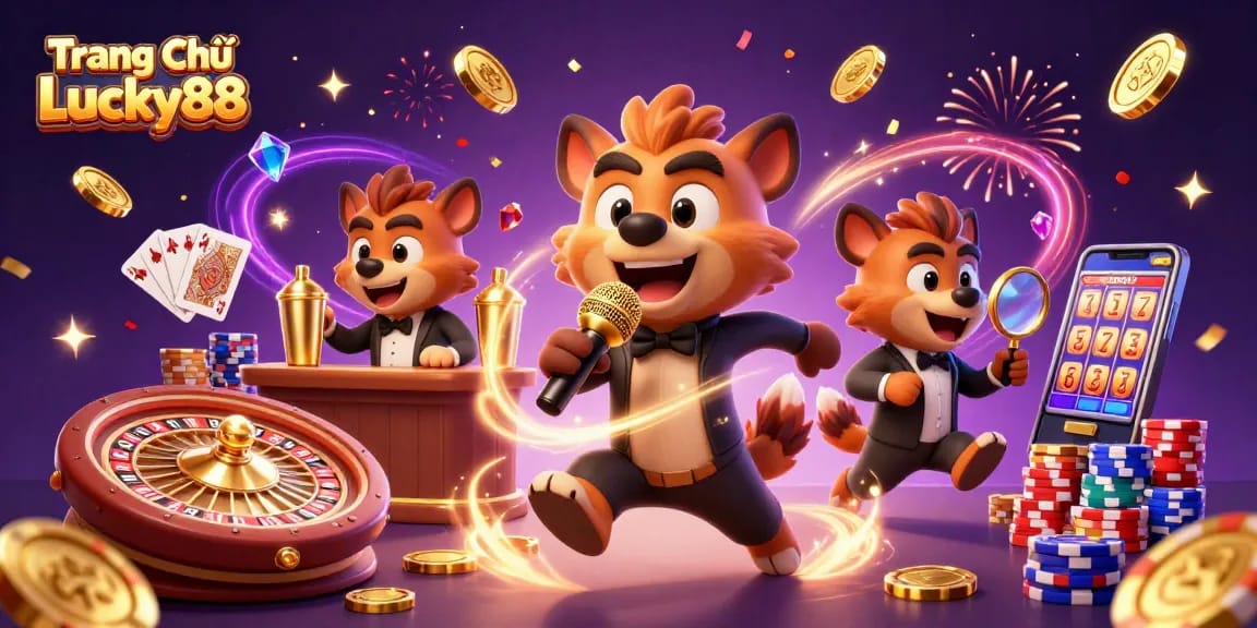 Engage in the vibrant fun at Trang Chủ Lucky88, where lively hyenas create an exciting casino atmosphere bursting with action.