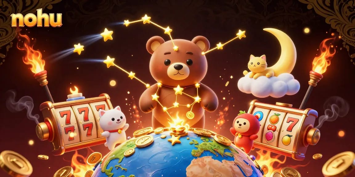Spin the nohu jackpot slots with golden stars and enchanting characters in a vibrant casino scene.
