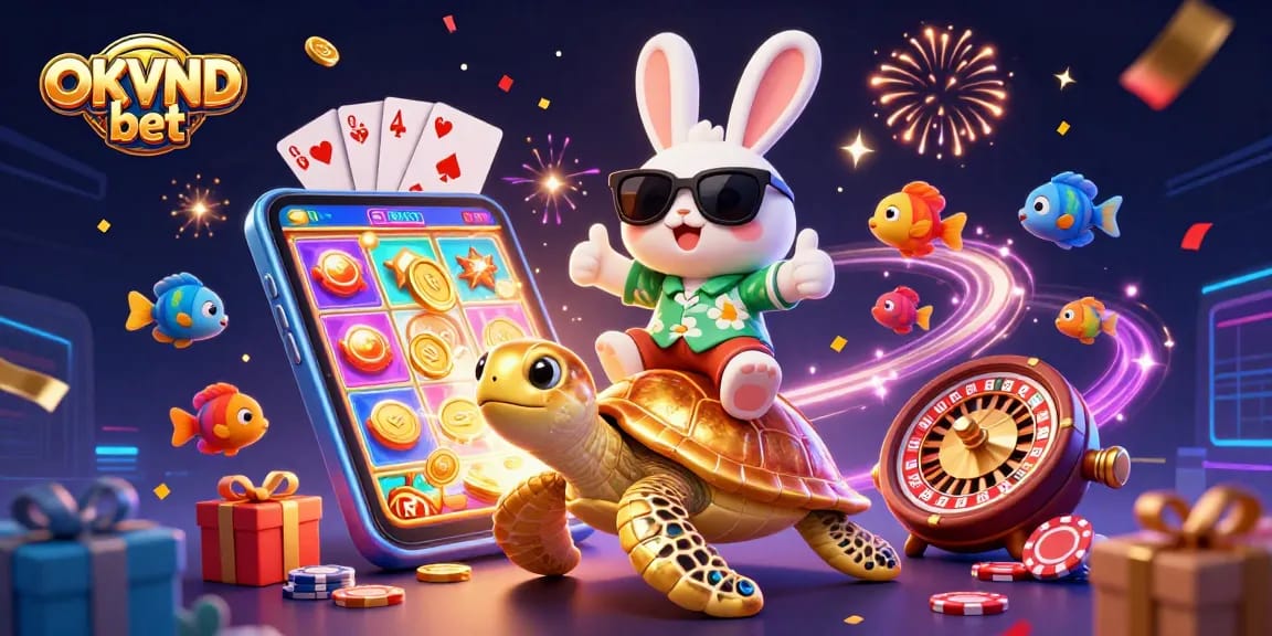 Engage with the vibrant scene featuring OKVND bet as a lucky rabbit celebrates a big win.
