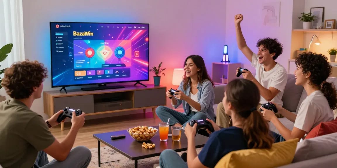 Exciting gaming atmosphere with friends enjoying BazaWin online platform, vibrant living room setup featuring snacks and controllers.