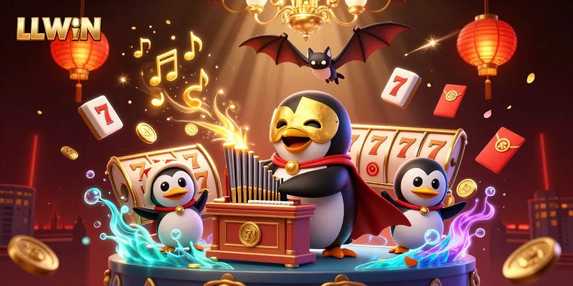 LLWIN casino illustration featuring a playful penguin character at a golden coin organ amidst vibrant gaming elements