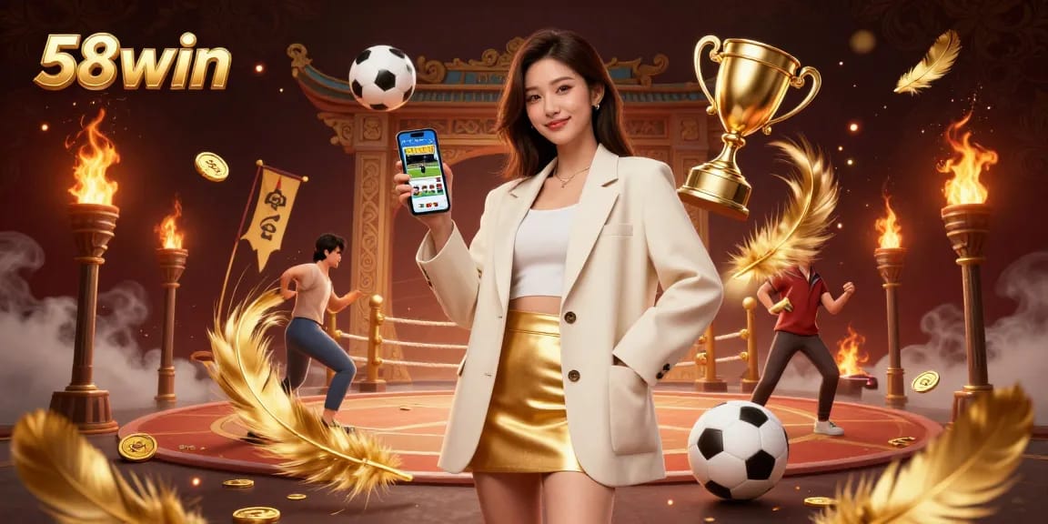 58win sports betting app displayed by a friendly Asian woman in a 3D casino setting