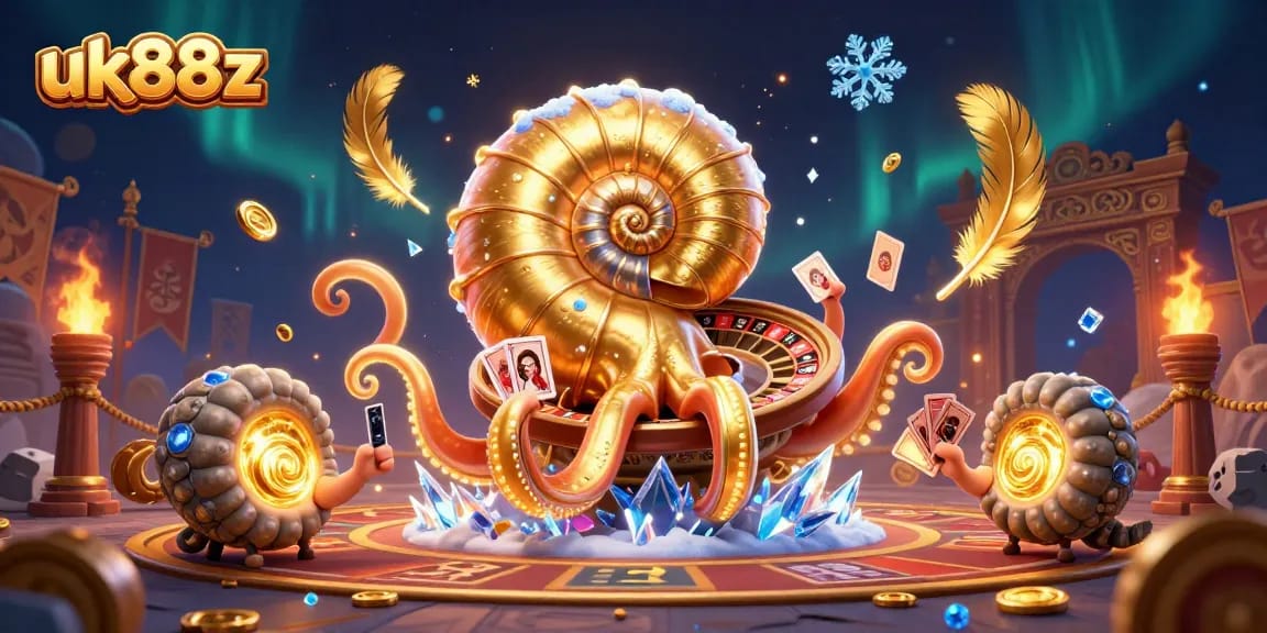 Play exciting casino games at uk88z featuring a vibrant nautilus roulette wheel and glowing fossils.