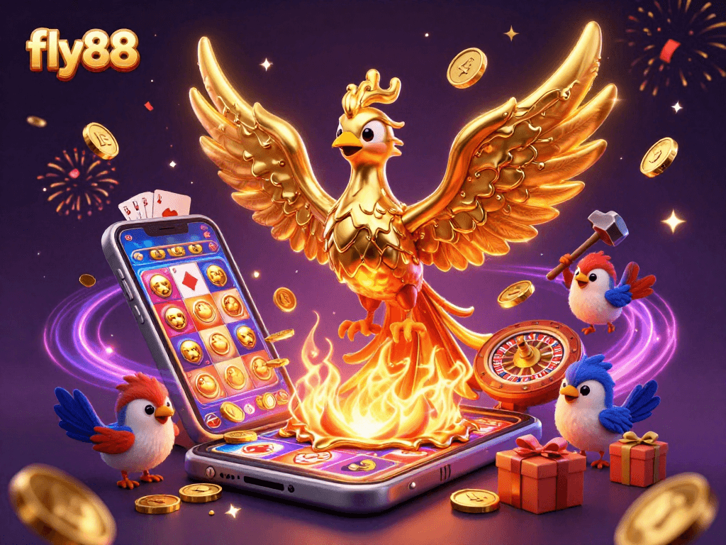 fly88 phoenix emerging from molten metal in a vibrant casino scene
