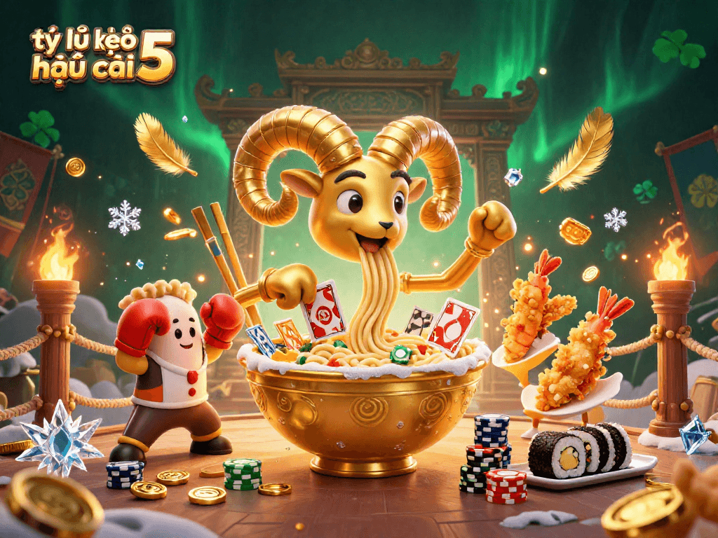 Engage with tỷ lệ kèo nhà cái 5 through an exciting casino scene featuring a giant ramen bowl character and friends.