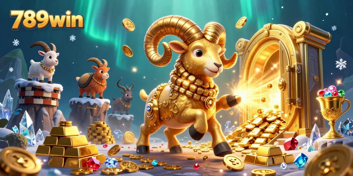Engage with 789win's vibrant casino adventure featuring a golden ram and treasure.