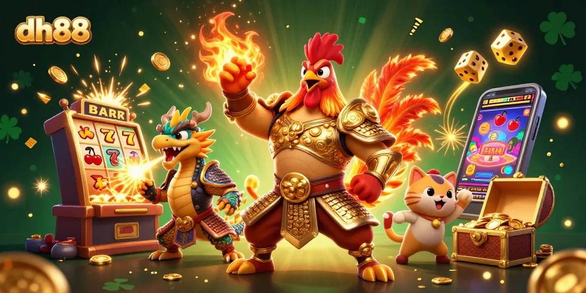 Enjoy exhilarating wins with dh88 gaming, featuring a rooster warrior and dragon amidst casino action.