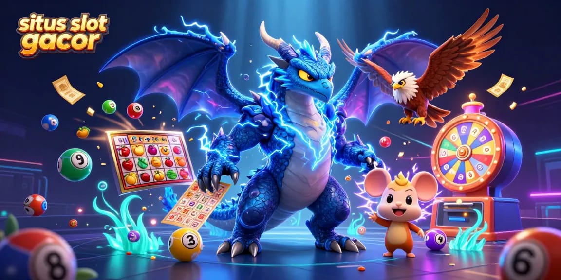 Situs slot gacor features a thunder dragon, wind hawk, and thunder mouse surrounded by vibrant slot game elements.