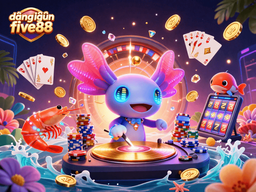 Engage in thrilling gaming action at đăng nhập five88 with vibrant characters in a neon-lit casino.