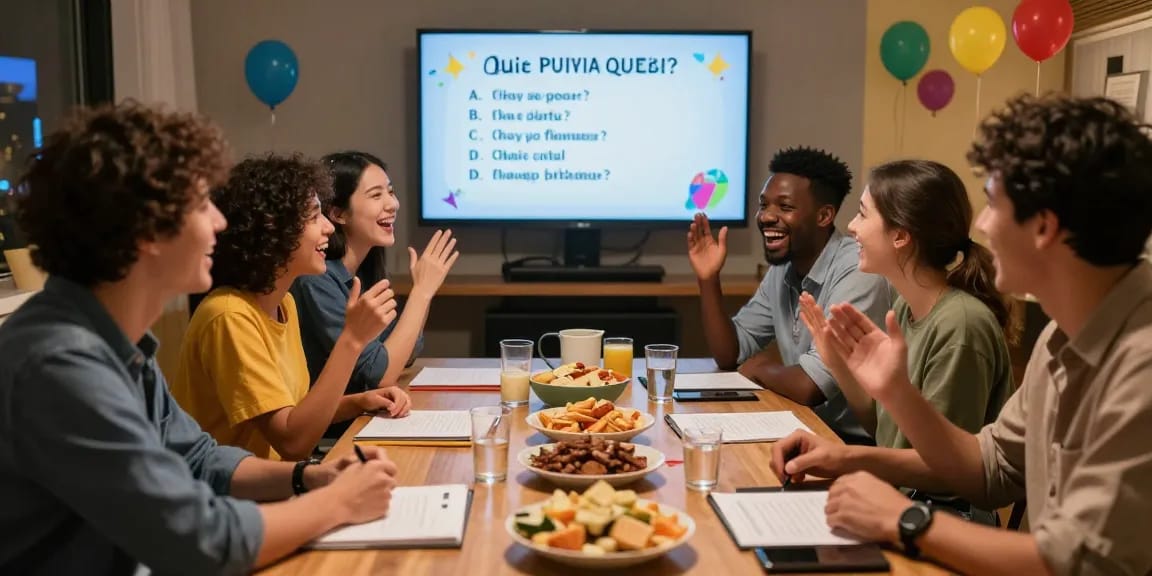 Quiz Allgemeinwissen Abend mit Freunden, lebendige Atmosphäre und spannende Diskussionen über Fragen.