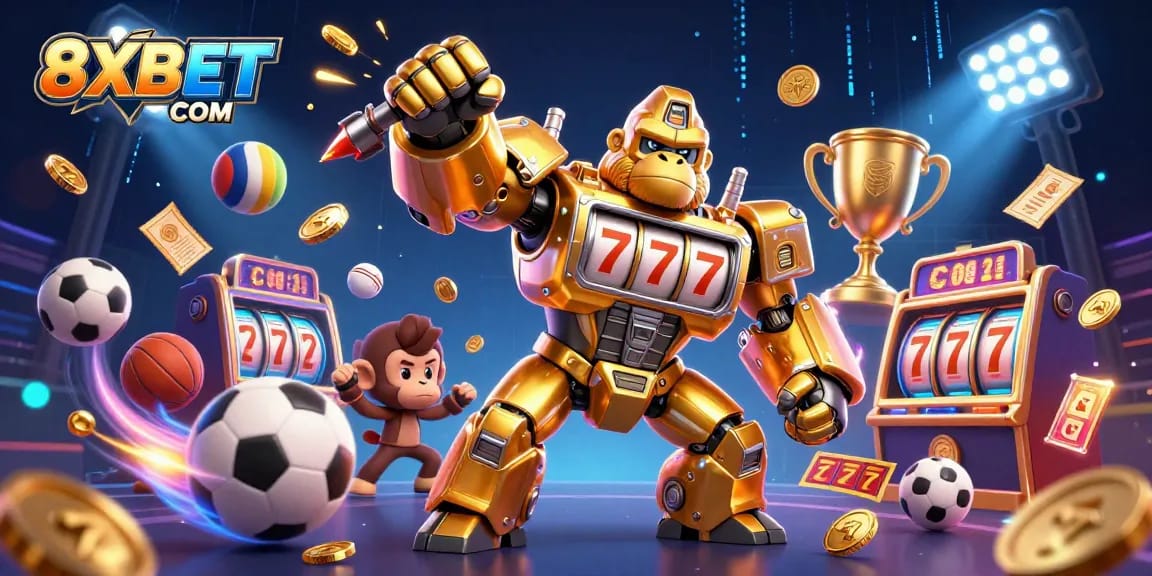 Engage with thrilling gaming action on 8XBET COM featuring a dynamic golden gorilla mech and vibrant sports elements.