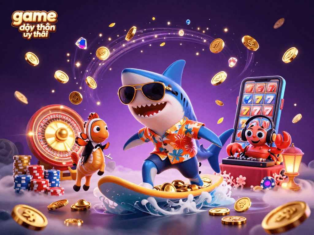 Join the game đổi thưởng uy tín adventure with vibrant characters surfing gold coins and celebrating casino fun.