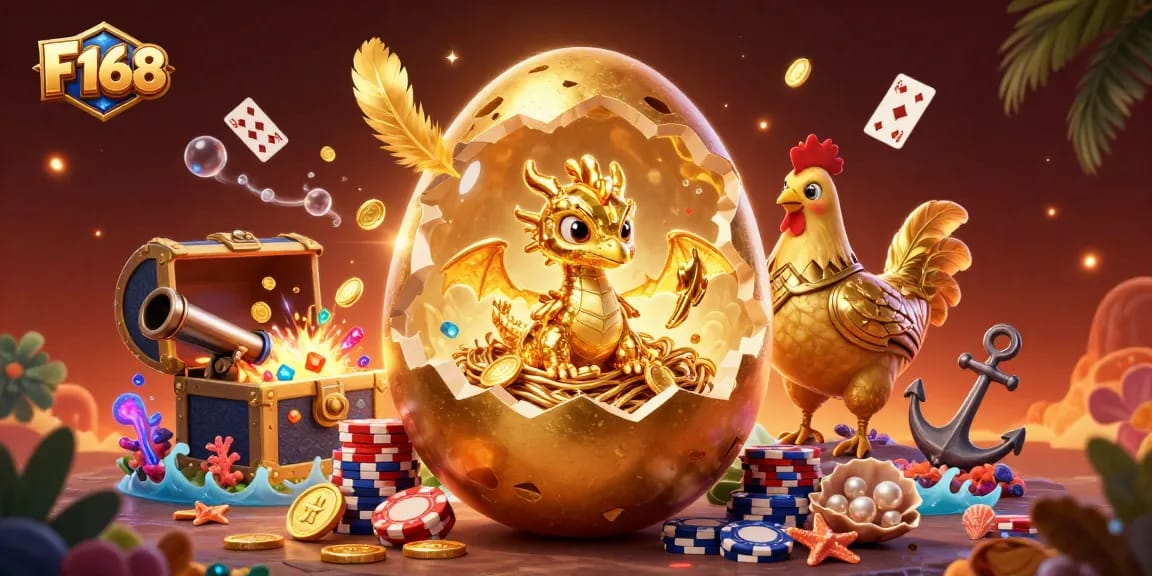 Experience the thrilling excitement of F 168 as a golden egg reveals its golden dragon amidst poker chips.