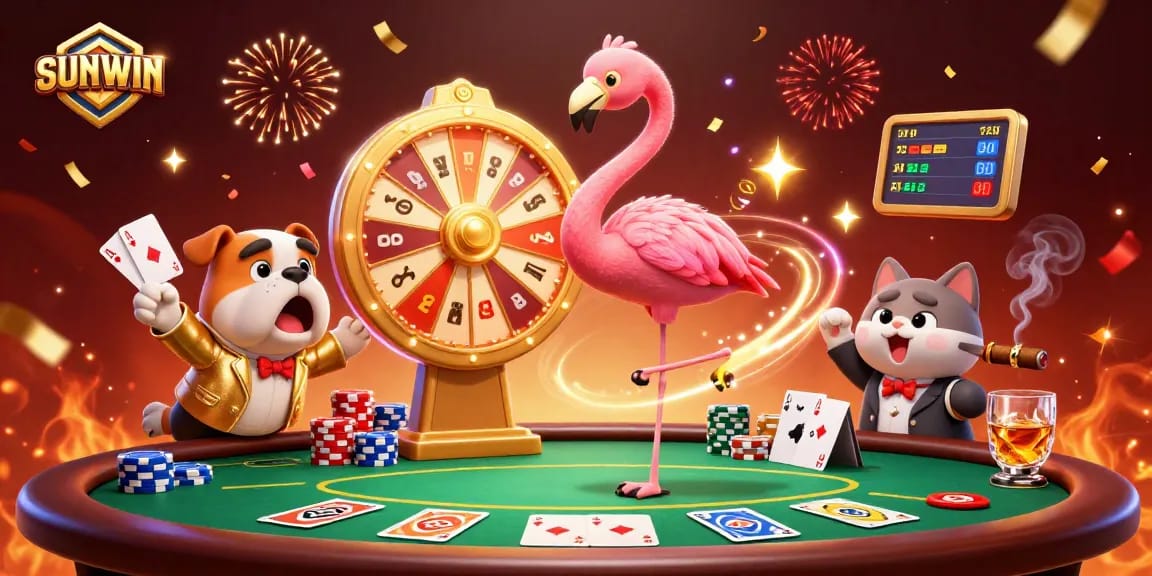 SUNWIN game show illustration with vibrant colors showcasing gambling excitement and prize reveals.