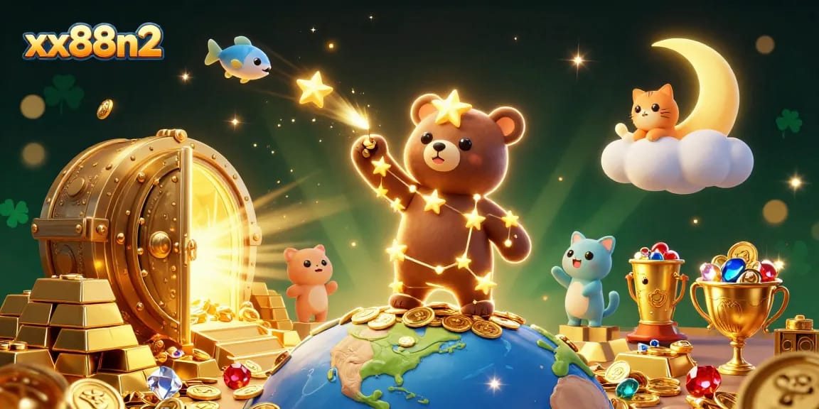 Experience exciting wins at xx88n2's dazzling casino with colorful treasures and animated characters.