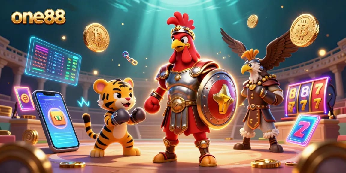 one88 elevates gaming with vibrant 3D scene of the rooster gladiator amidst neon slot elements, ready to win.