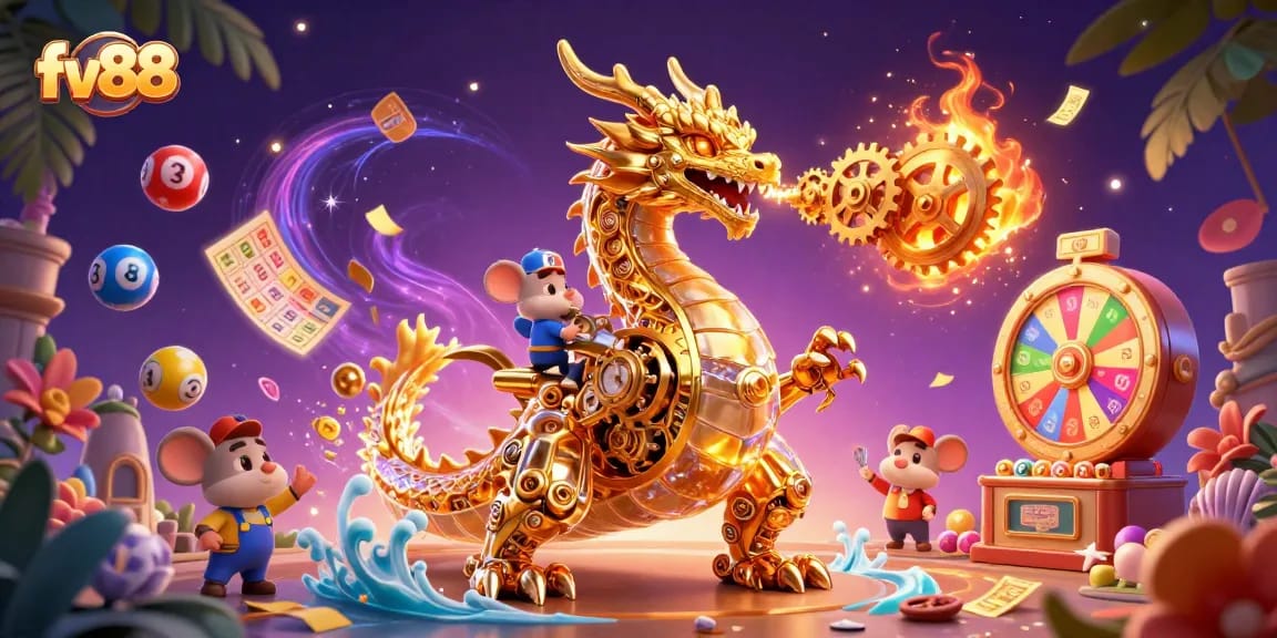 Engage in thrilling gameplay at fv88 with a golden dragon and vibrant lottery elements flying around
