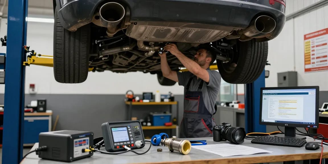 DPF Reinigung Laatzen: Fachmann überprüft Dieselpartikelfilter in Kfz-Werkstatt für optimale Leistung.