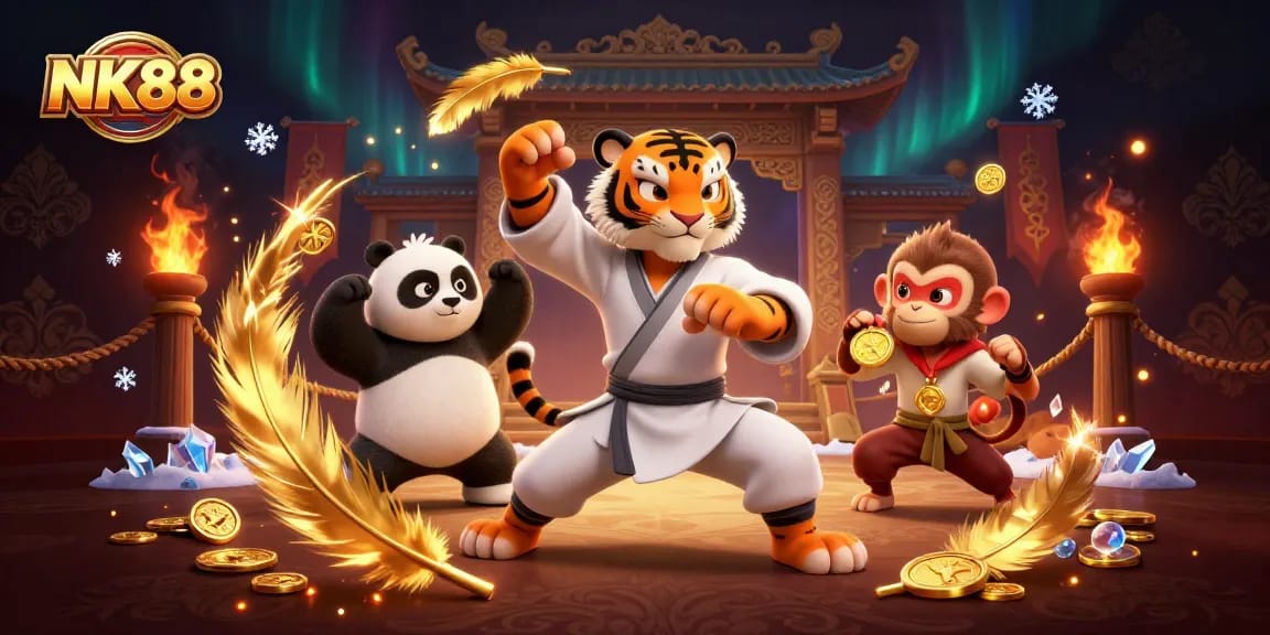 Witness NK88's thrilling atmosphere with kung fu characters performing in a dazzling casino setting.
