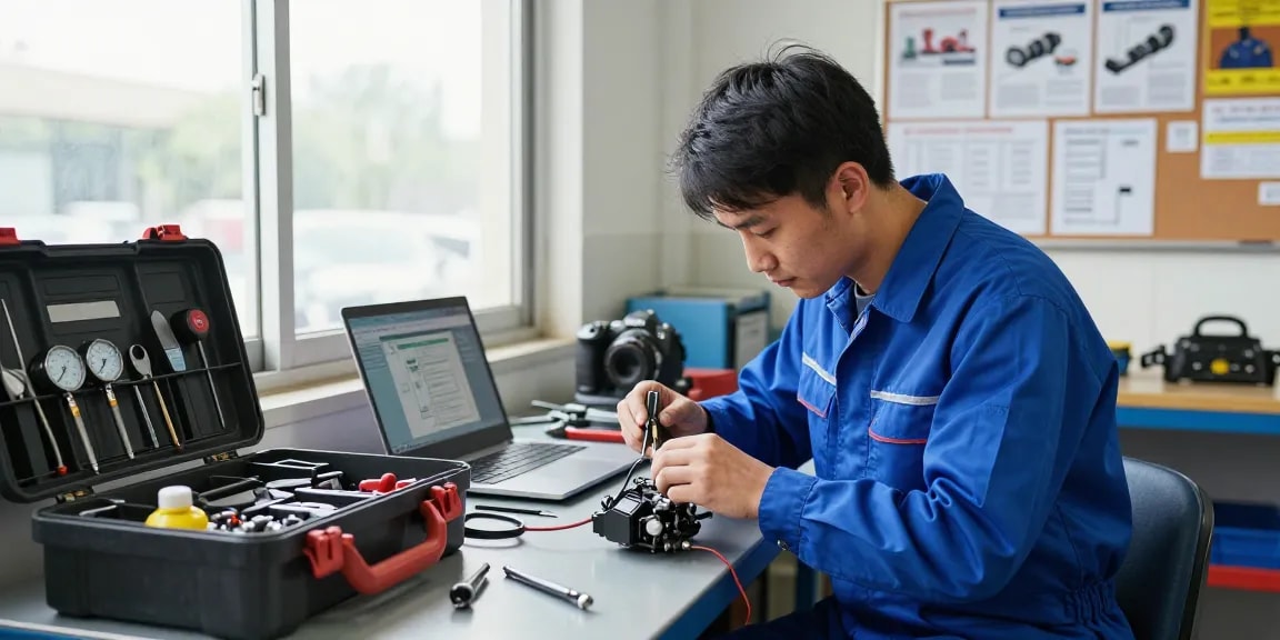 Zündanlassschalter Reparatur von einem Fachtechniker in einer professionellen Werkstatt mit modernem Werkzeug und natürlichem Licht.