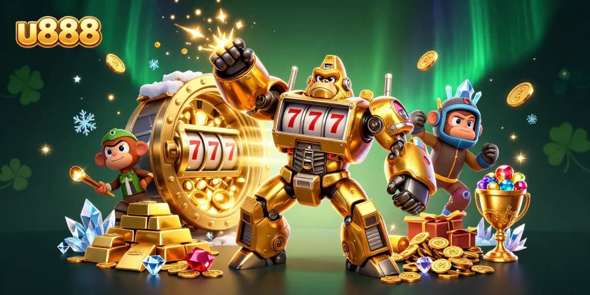 Experience thrilling gameplay at u888 with a dynamic golden gorilla mech and exploding coins!