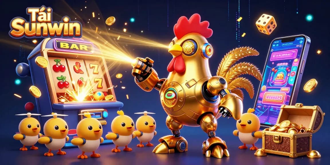 Tải Sunwin offers an exciting view with golden rooster robot and jackpot elements in a colorful casino scene.