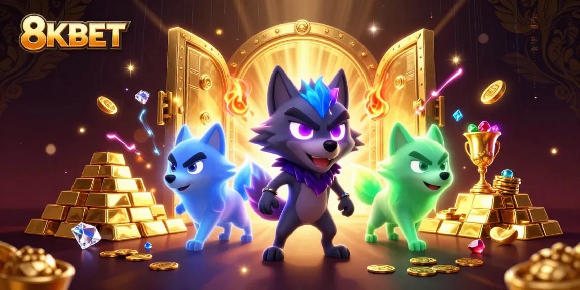 Experience thrilling wins at 8KBET with vibrant games and striking visuals in this action-packed illustration.