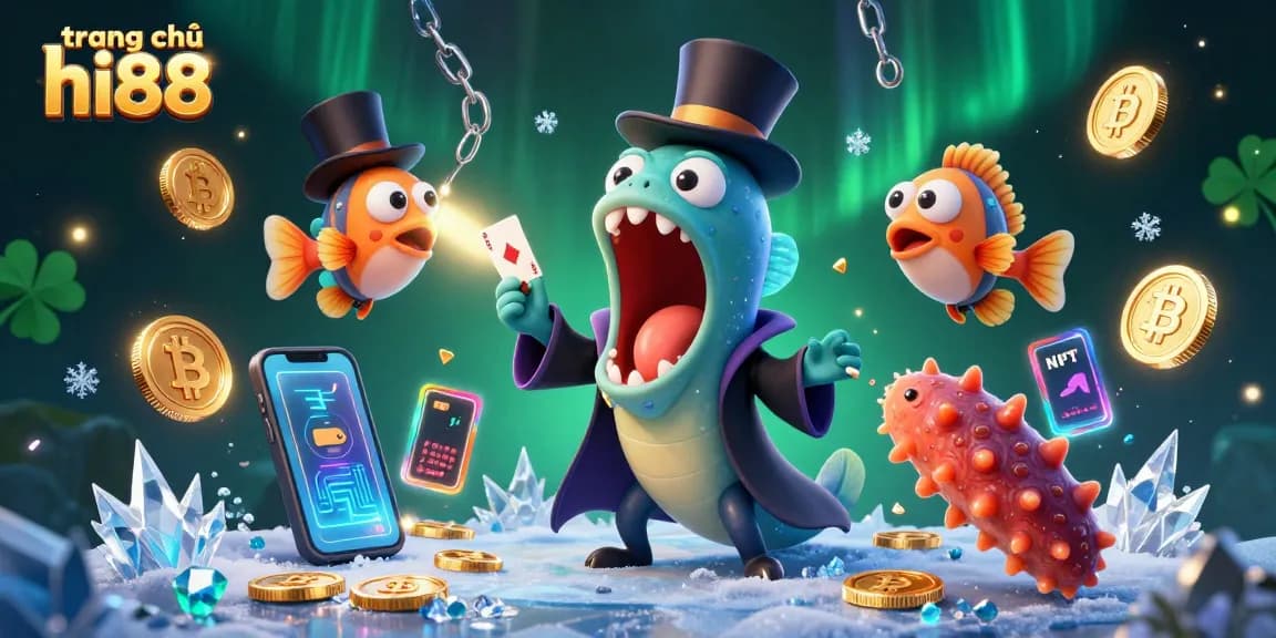 Engage in thrilling experiences at trang chủ hi88 with 3D magical sea creatures performing astounding card tricks amidst vibrant casino elements.