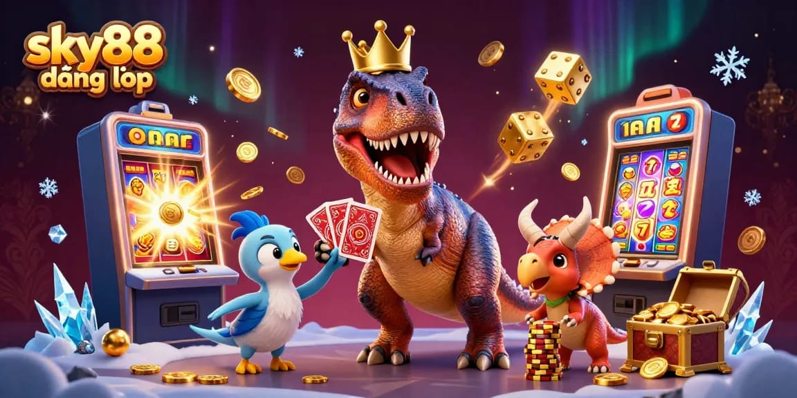 Experience sky88 đăng nhập with a lively 3D scene of cartoon characters and casino elements exploding in excitement.