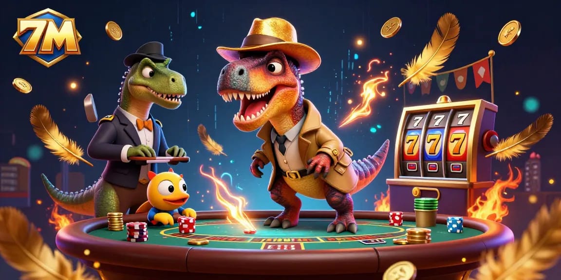 A 3D velociraptor card counter at a blackjack table, showcasing the energetic 7M casino scene.